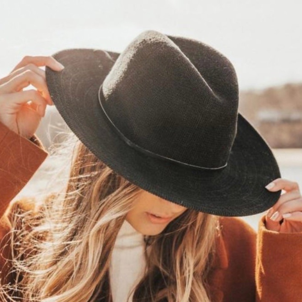 NWT ANTHROPOLOGIE WYETH BLACK COTTON BLEND HAT W/ CALF HAIR TRIM  SZ OS